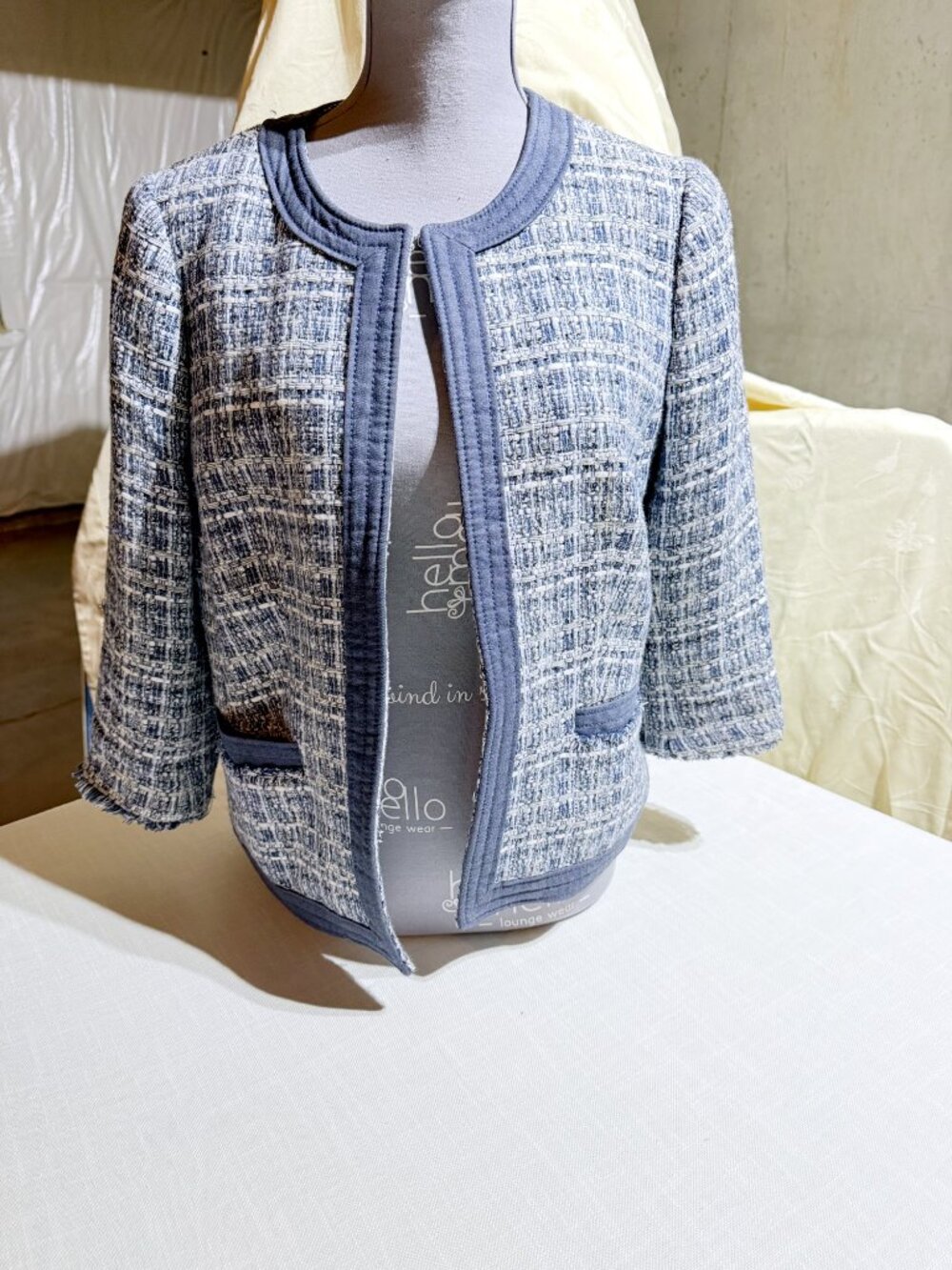 Talbots Petites Blue White Fringe Tweed Jacket Chambray Trim 3/4 Sleeve 12P